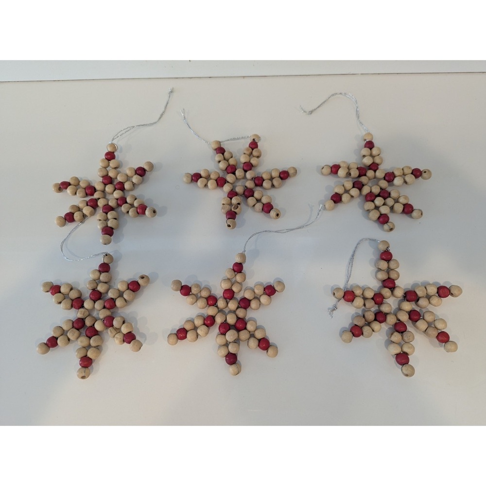 NEW! West Elm Nostalgic Wood Beads Star Snowflake Christmas Tree Ornaments Set 6